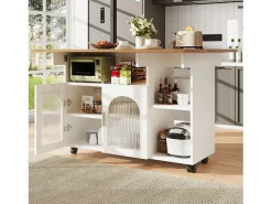 Isla de cocina móvil con 2 puertas y estantes abiertos - Tablero extensible - 120x30(70)x79,5cm - Madera MDF - Blanco y natural