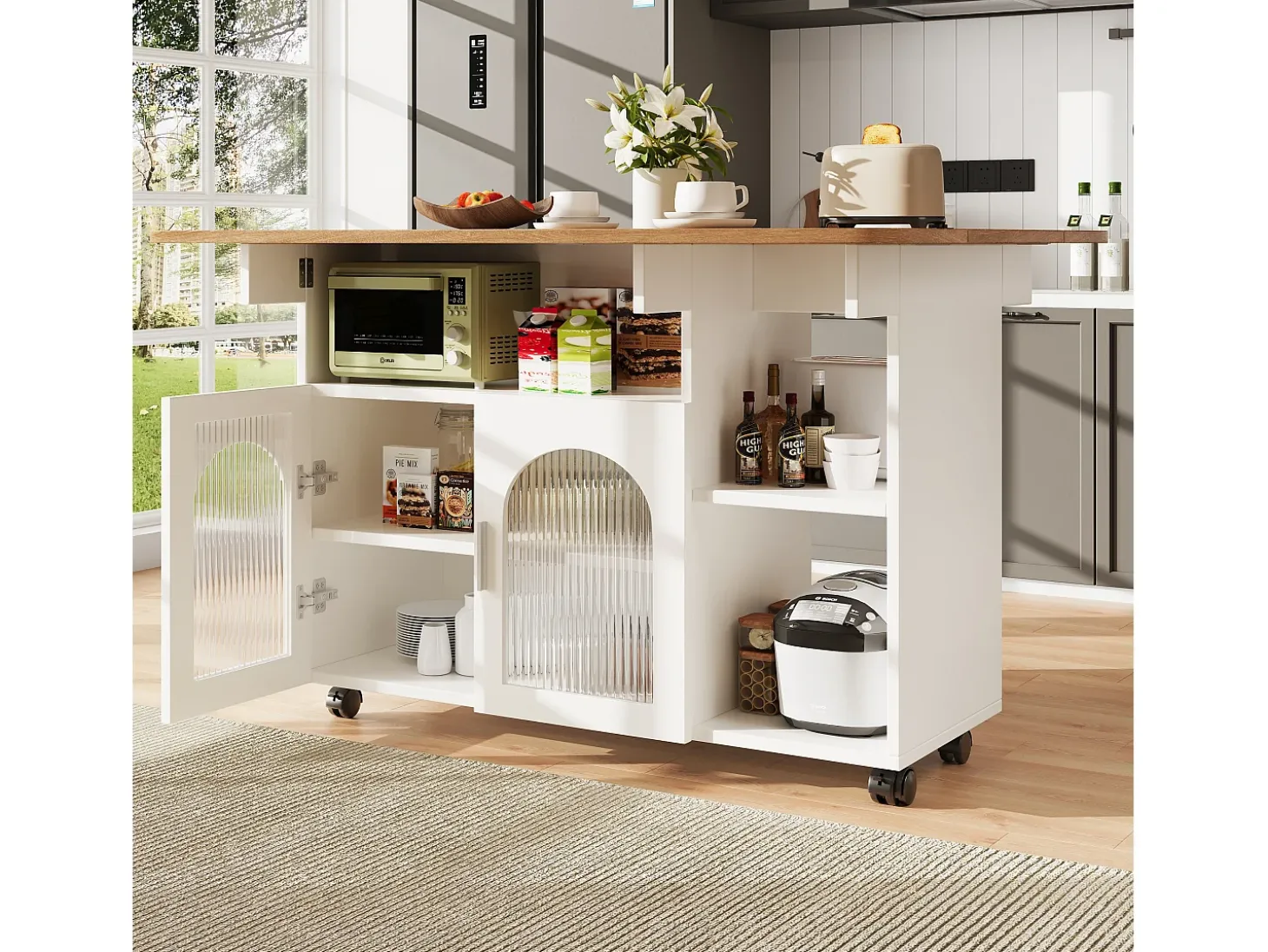 Isla de cocina móvil con 2 puertas y estantes abiertos - Tablero extensible - 120x30(70)x79,5cm - Madera MDF - Blanco y natural