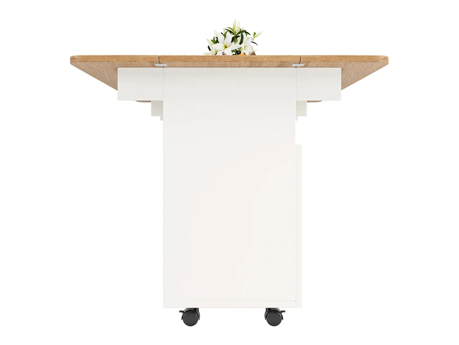 Isla de cocina móvil con 2 puertas y estantes abiertos - Tablero extensible - 120x30(70)x79,5cm - Madera MDF - Blanco y natural
