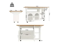 Isla de cocina móvil con 2 puertas y estantes abiertos - Tablero extensible - 120x30(70)x79,5cm - Madera MDF - Blanco y natural
