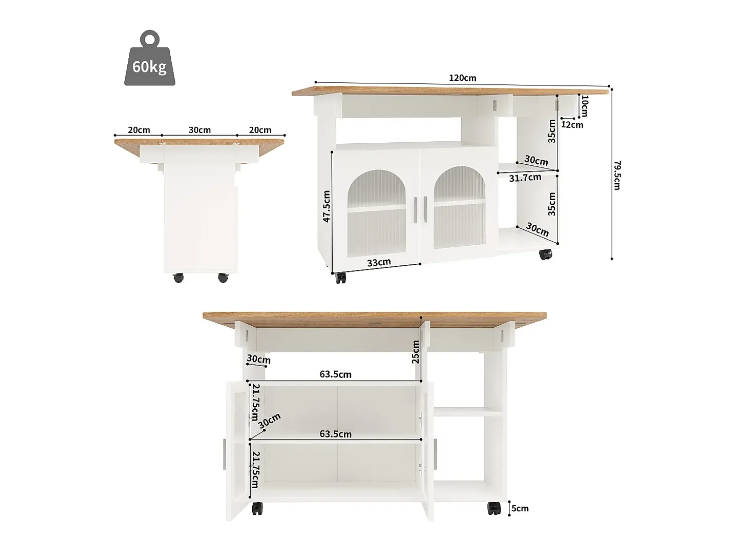 Isla de cocina móvil con 2 puertas y estantes abiertos - Tablero extensible - 120x30(70)x79,5cm - Madera MDF - Blanco y natural