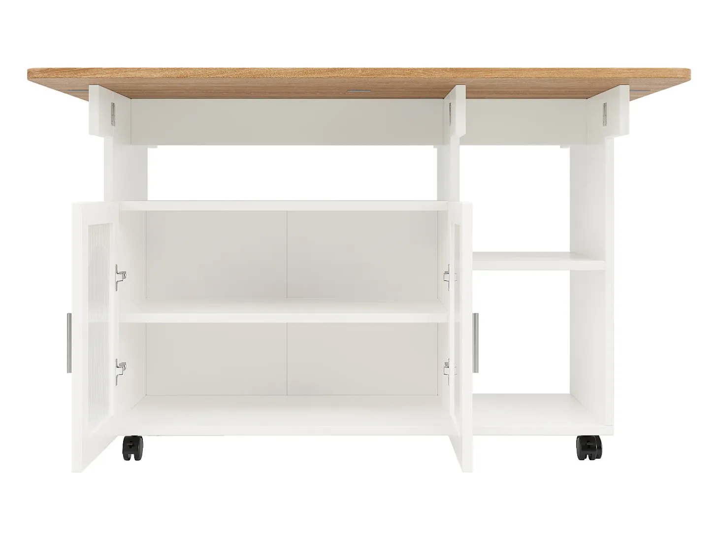 Isla de cocina móvil con 2 puertas y estantes abiertos - Tablero extensible - 120x30(70)x79,5cm - Madera MDF - Blanco y natural