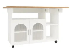 Isla de cocina móvil con 2 puertas y estantes abiertos - Tablero extensible - 120x30(70)x79,5cm - Madera MDF - Blanco y natural