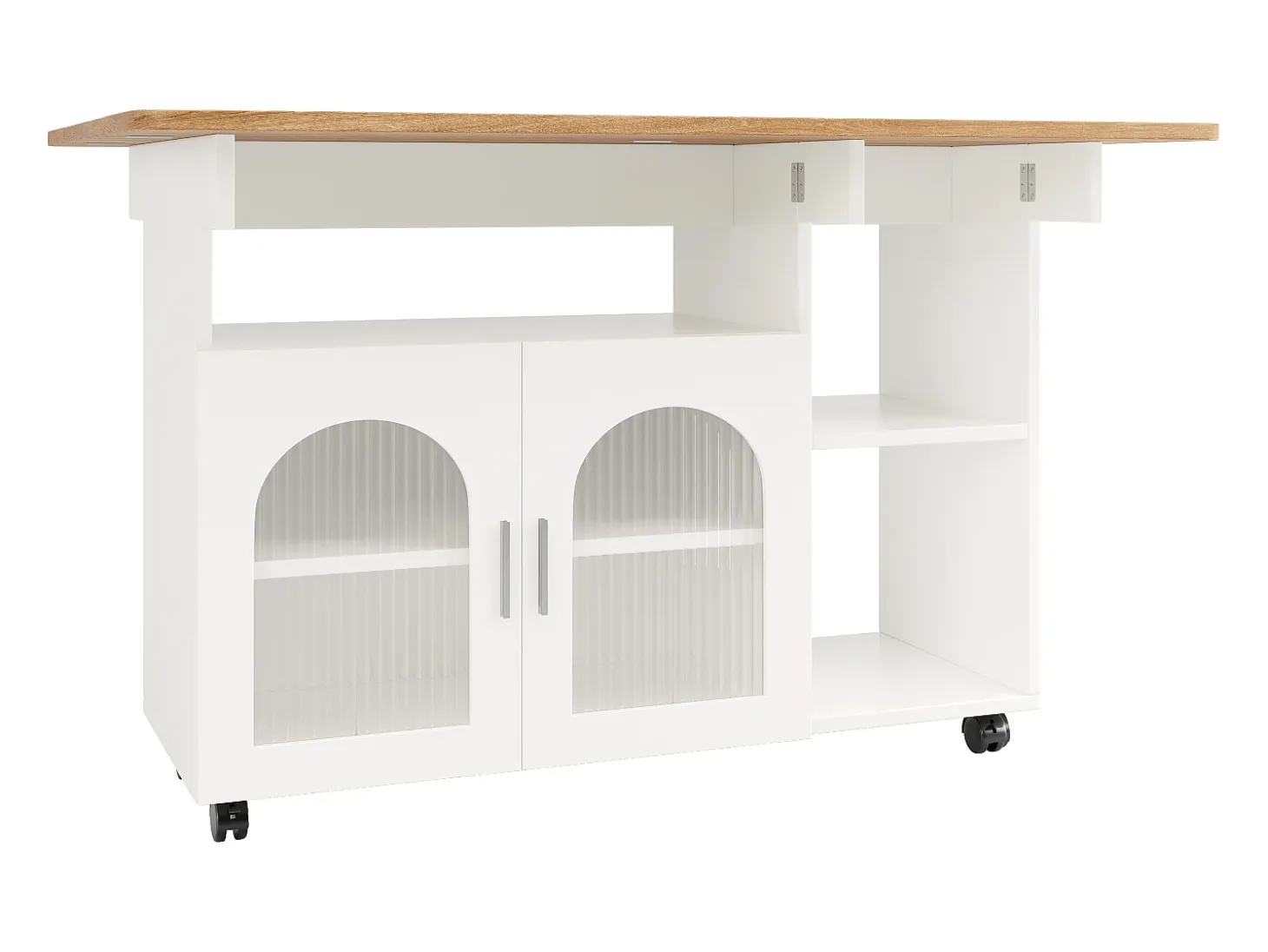 Isla de cocina móvil con 2 puertas y estantes abiertos - Tablero extensible - 120x30(70)x79,5cm - Madera MDF - Blanco y natural