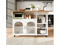 Isla de cocina móvil con 2 puertas y estantes abiertos - Tablero extensible - 120x30(70)x79,5cm - Madera MDF - Blanco y natural