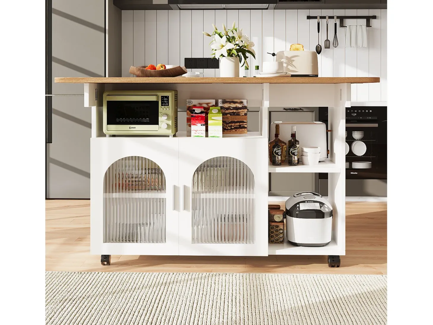 Isla de cocina móvil con 2 puertas y estantes abiertos - Tablero extensible - 120x30(70)x79,5cm - Madera MDF - Blanco y natural