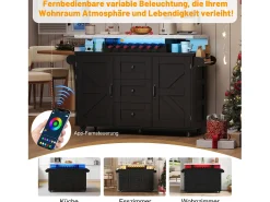 Isla de cocina móvil con encimera abatible - 120 x 42/60 x 93 cm - con 2 puertas + 3 cajones + LED - MDF - negro
