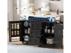 Isla de cocina móvil con encimera abatible - 120 x 42/60 x 93 cm - con 2 puertas + 3 cajones + LED - MDF - negro