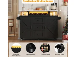Isla de cocina móvil con encimera abatible - 120 x 42/60 x 93 cm - con 2 puertas + 3 cajones + LED - MDF - negro