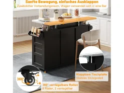 Isla de cocina móvil con encimera abatible - 120 x 42/60 x 93 cm - con 2 puertas + 3 cajones + LED - MDF - negro