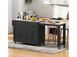 Isla de cocina móvil con encimera abatible, 4 puertas y 2 cajones de almacenamiento - Negro y natural
