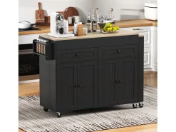 Isla de cocina móvil con encimera abatible, 4 puertas y 2 cajones de almacenamiento - Negro y natural