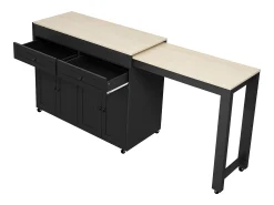 Isla de cocina móvil con encimera abatible, 4 puertas y 2 cajones de almacenamiento - Negro y natural