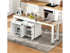 Isla de cocina móvil con encimera extensible, cajones, MDF, blanco y natural (180,5x45x92,2 cm)