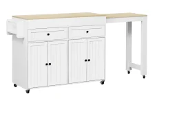 Isla de cocina móvil con encimera extensible, cajones, MDF, blanco y natural (180,5x45x92,2 cm)