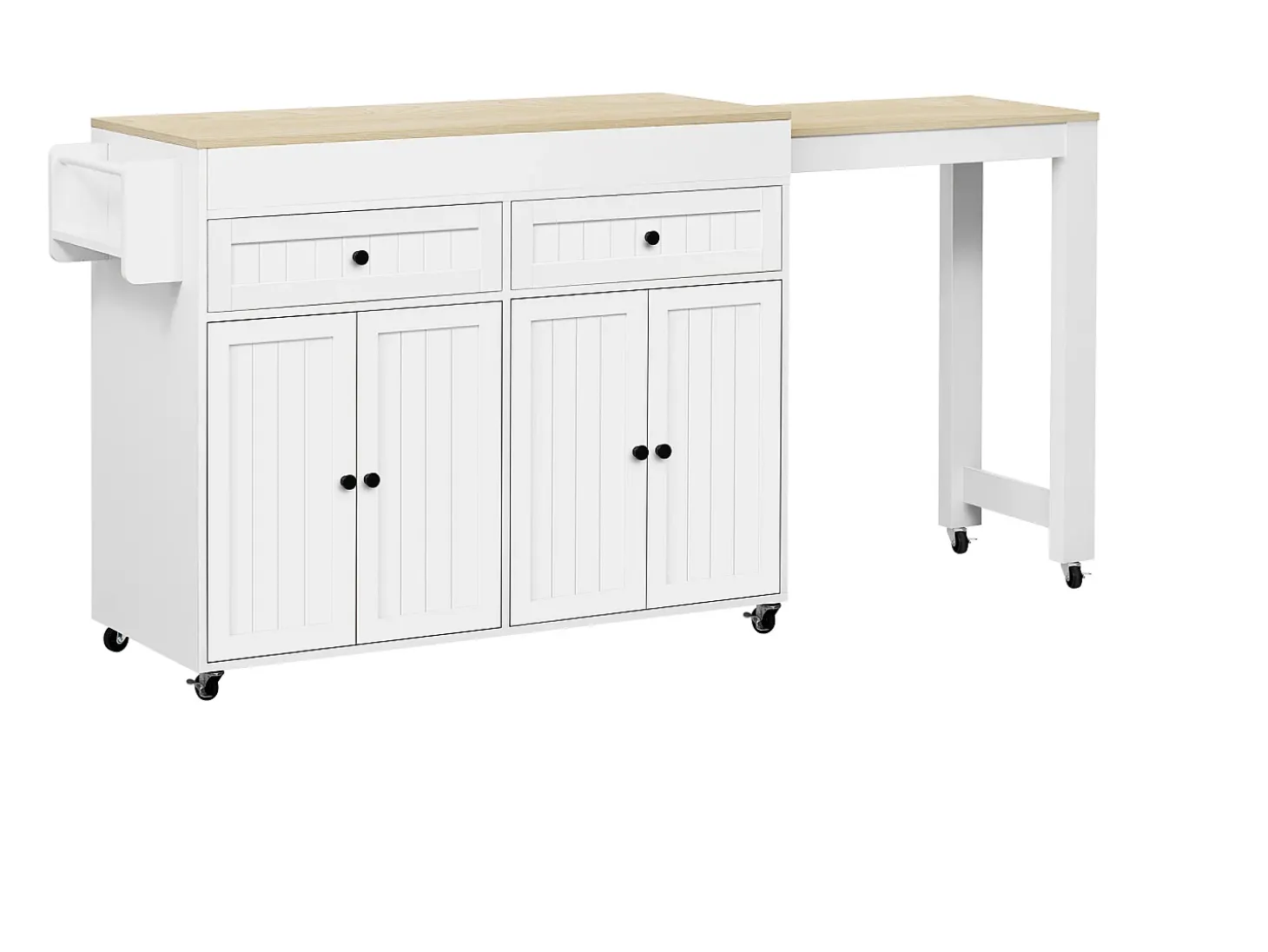 Isla de cocina móvil con encimera extensible, cajones, MDF, blanco y natural (180,5x45x92,2 cm)