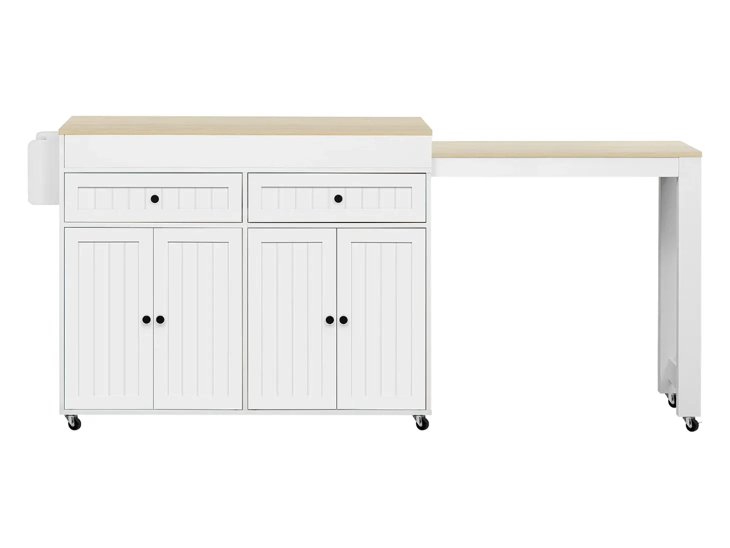 Isla de cocina móvil con encimera extensible, cajones, MDF, blanco y natural (180,5x45x92,2 cm)
