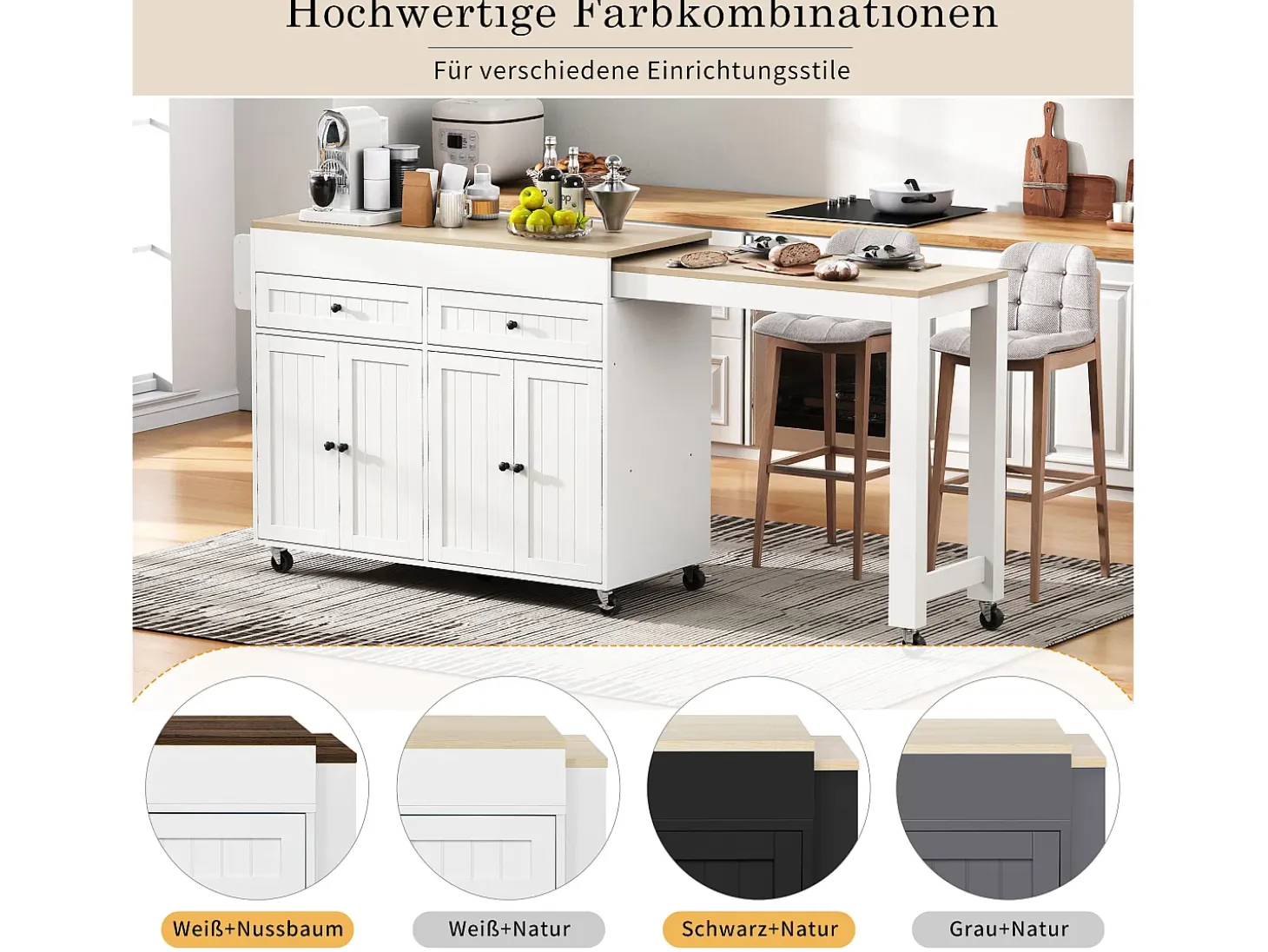 Isla de cocina móvil con encimera extensible, cajones, MDF, blanco y natural (180,5x45x92,2 cm)