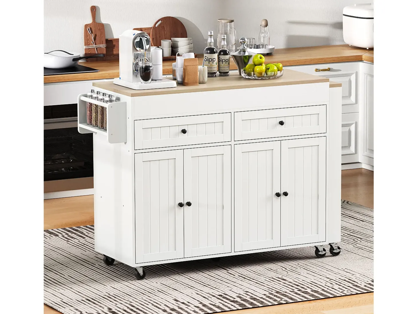 Isla de cocina móvil con encimera extensible, cajones, MDF, blanco y natural (180,5x45x92,2 cm)