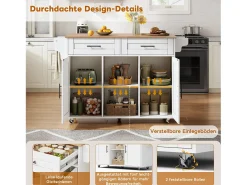 Isla de cocina móvil con encimera abatible - 145 x 45/70 x 94,5 cm - con estantes + 2 puertas + cajón - MDF - blanco