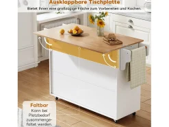 Isla de cocina móvil con encimera abatible - 145 x 45/70 x 94,5 cm - con estantes + 2 puertas + cajón - MDF - blanco