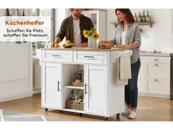 Isla de cocina móvil con encimera abatible - 145 x 45/70 x 94,5 cm - con estantes + 2 puertas + cajón - MDF - blanco
