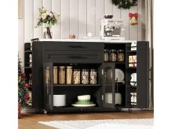 Isla de cocina móvil con encimera abatible - 138 x 45 (70) x 90 cm - con estante + 2 cajones + 3 puertas - MDF - negro