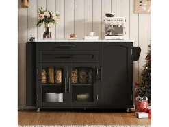 Isla de cocina móvil con encimera abatible - 138 x 45 (70) x 90 cm - con estante + 2 cajones + 3 puertas - MDF - negro