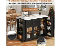 Isla de cocina móvil con encimera abatible - 138 x 45 (70) x 90 cm - con estante + 2 cajones + 3 puertas - MDF - negro
