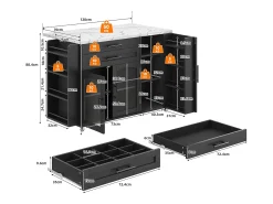 Isla de cocina móvil con encimera abatible - 138 x 45 (70) x 90 cm - con estante + 2 cajones + 3 puertas - MDF - negro