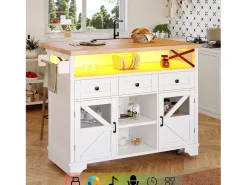 Isla de cocina móvil con mesa plegable - 120 x 43/71 cm x 98 cm - con LED + 2 puertas + 3 cajones + estante - MDF - blanco
