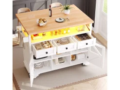 Isla de cocina móvil con mesa plegable - 120 x 43/71 cm x 98 cm - con LED + 2 puertas + 3 cajones + estante - MDF - blanco