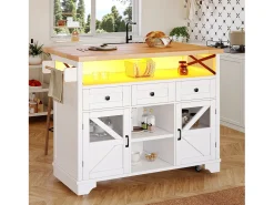 Isla de cocina móvil con mesa plegable - 120 x 43/71 cm x 98 cm - con LED + 2 puertas + 3 cajones + estante - MDF - blanco