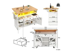 Isla de cocina móvil con mesa plegable - 120 x 43/71 cm x 98 cm - con LED + 2 puertas + 3 cajones + estante - MDF - blanco