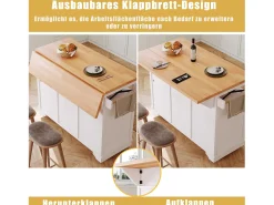 Isla de cocina móvil con mesa plegable - 120 x 43/71 cm x 98 cm - con LED + 2 puertas + 3 cajones + estante - MDF - blanco