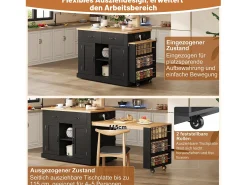 Isla de cocina móvil con mesa extensible - 132/235 x 60 x 93 cm - mesa de bar con estantes + puertas + cajón - MDF - negro