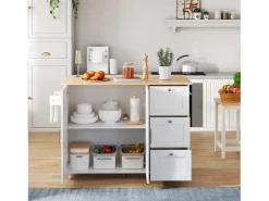 Isla de cocina móvil con tablero abatible - 135 x 44/70 x 90 cm - con 3 cajones + 2 puertas - MDF - blanco