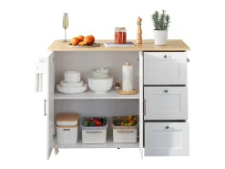 Isla de cocina móvil con tablero abatible - 135 x 44/70 x 90 cm - con 3 cajones + 2 puertas - MDF - blanco