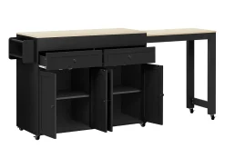 Isla de cocina móvil negra - Carrito de cocina con 4 puertas y 2 cajones - tablero de madera extensible y especiero
