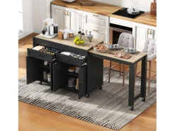 Isla de cocina móvil negra - Carrito de cocina con 4 puertas y 2 cajones - tablero de madera extensible y especiero