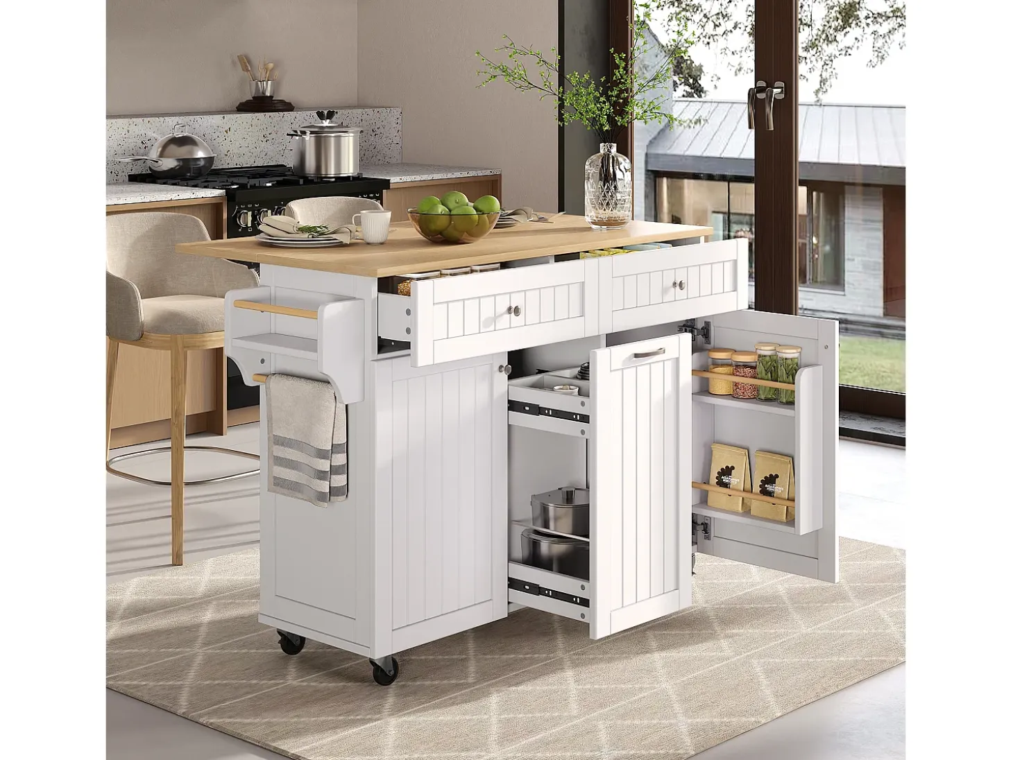 Isla de cocina móvil 140x40x92cm - encimera extensible - espacio de almacenamiento multifuncional - blanco