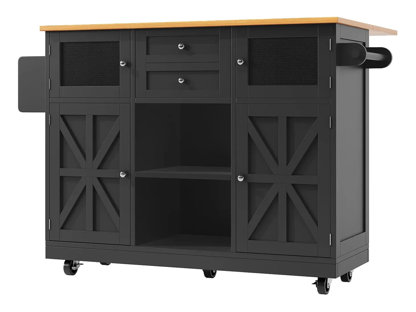 Isla de cocina negra - Carrito de cocina con 2 cajones y 4 puertas - Especiero y toallero