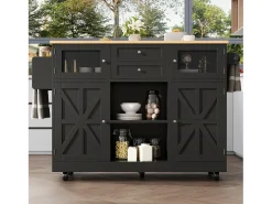 Isla de cocina negra - Carrito de cocina con 2 cajones y 4 puertas - Especiero y toallero