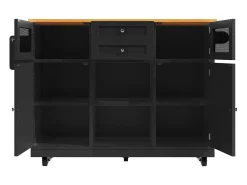 Isla de cocina negra - Carrito de cocina con 2 cajones y 4 puertas - Especiero y toallero