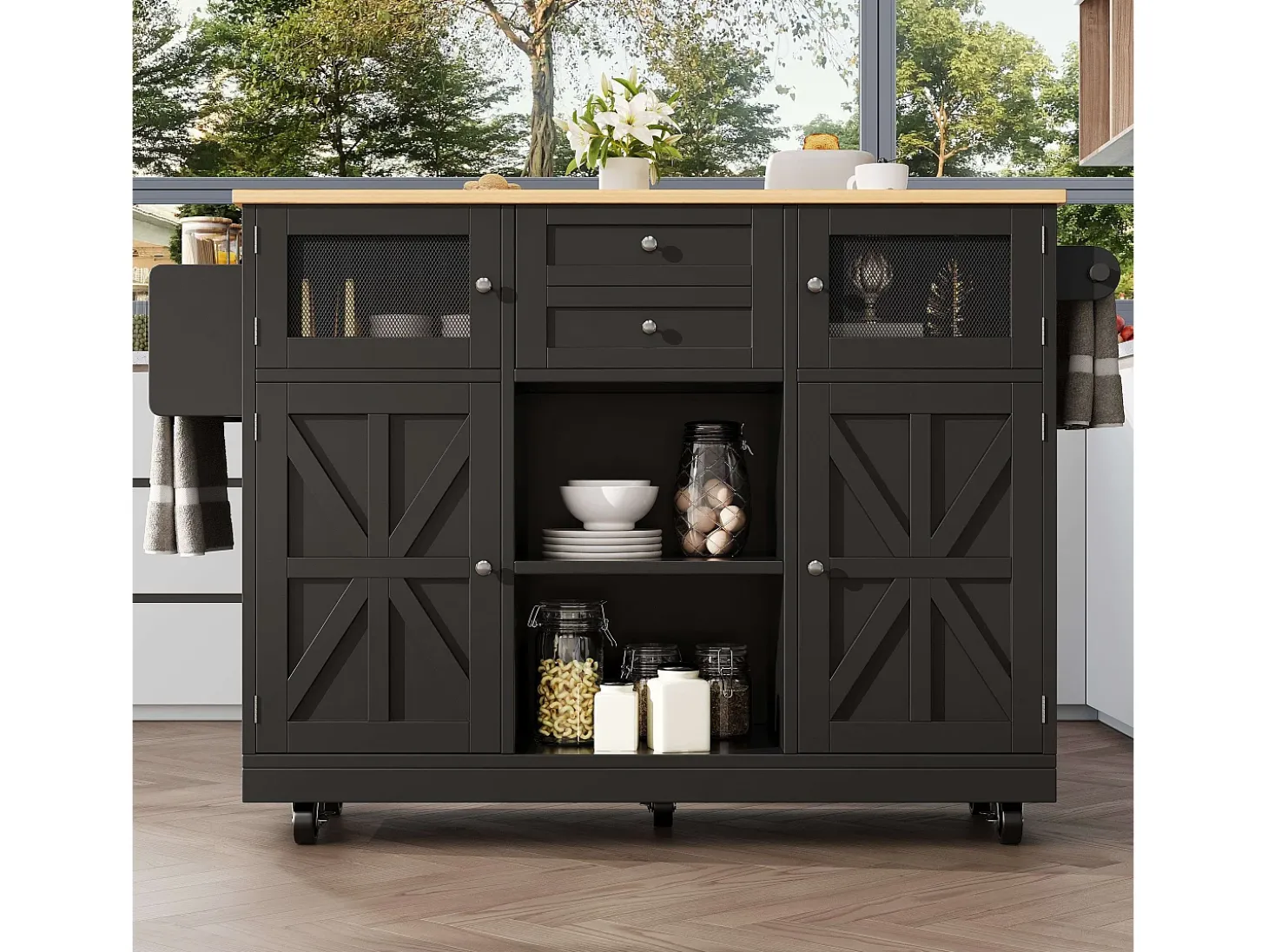 Isla de cocina negra - Carrito de cocina con 2 cajones y 4 puertas - Especiero y toallero