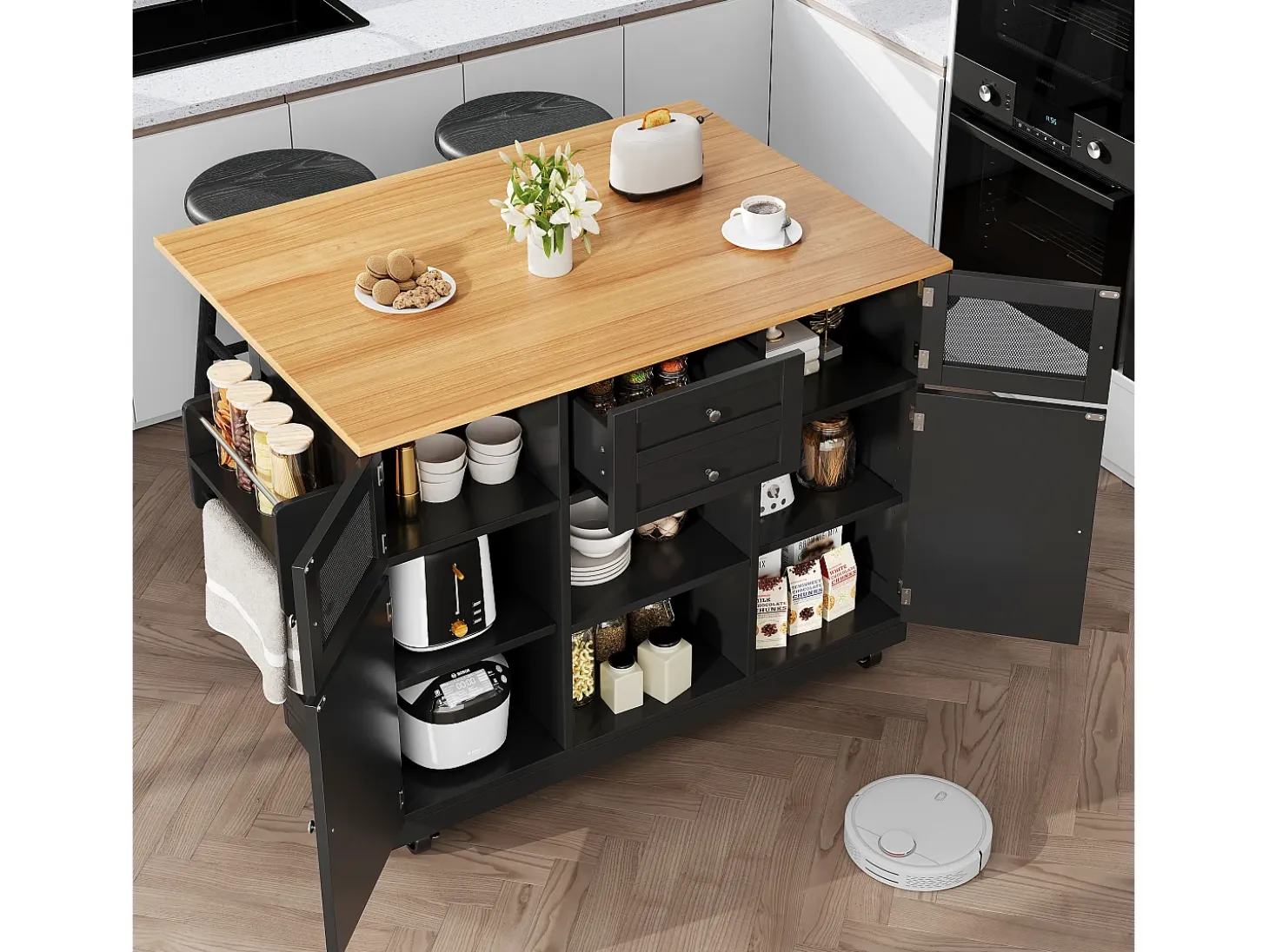 Isla de cocina negra - Carrito de cocina con 2 cajones y 4 puertas - Especiero y toallero