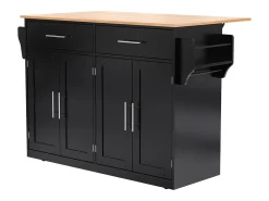 Isla de cocina negra - Isla de cocina con ruedas y patas de madera - encimera abatible - 2 cajones y 4 puertas