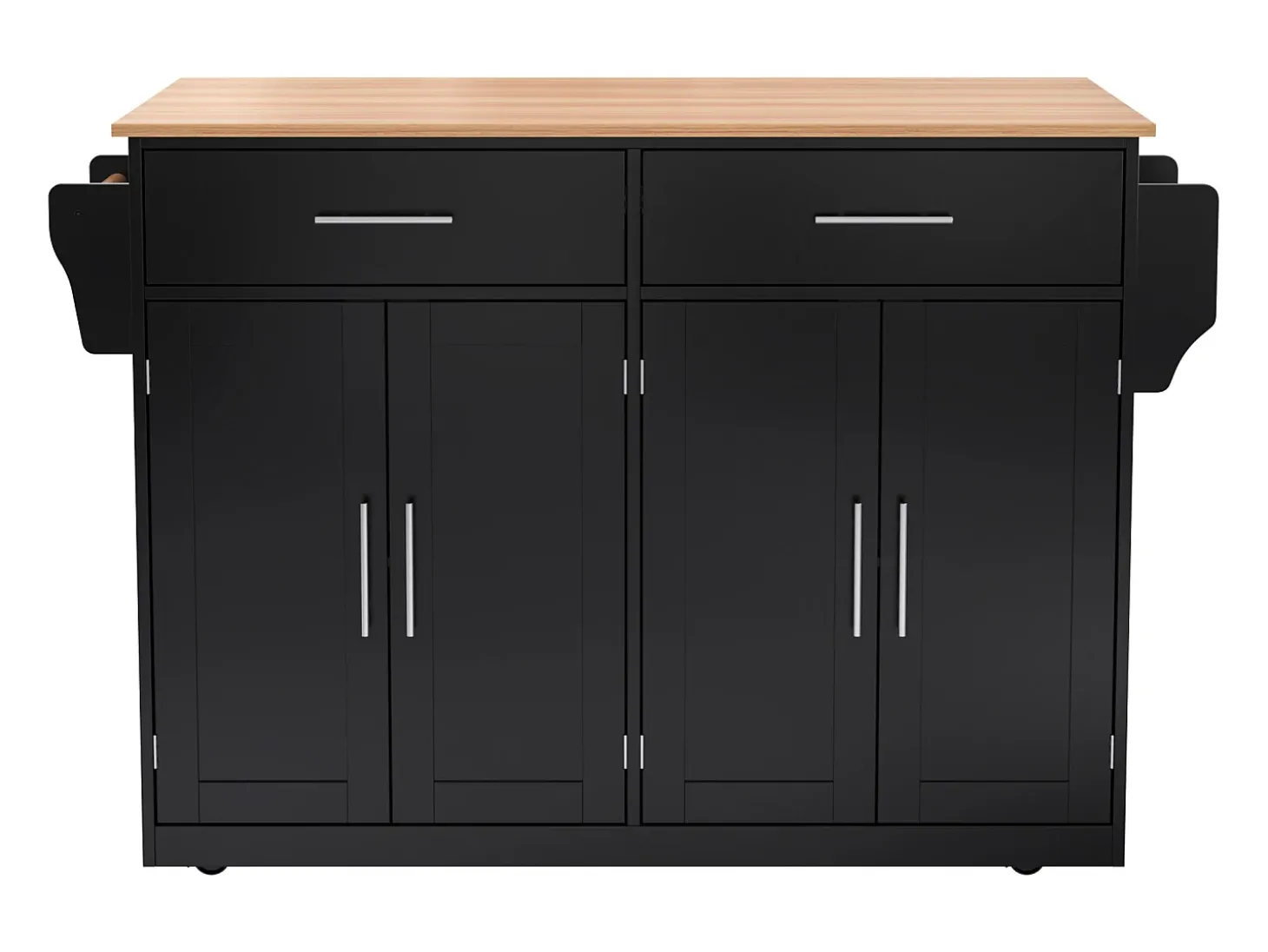 Isla de cocina negra - Isla de cocina con ruedas y patas de madera - encimera abatible - 2 cajones y 4 puertas