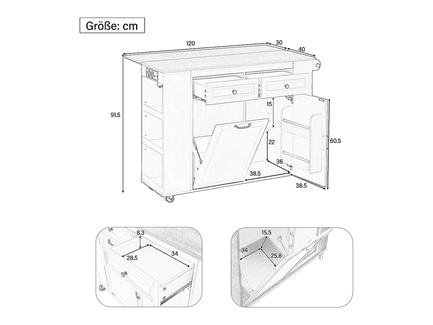 Isla de cocina negra con ruedas, 2 cajones y toma de corriente - Carro de servicio blanco con superficie extensible 120x40-70 cm