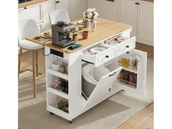 Isla de cocina negra con ruedas, 2 cajones y toma de corriente - Carro de servicio blanco con superficie extensible 120x40-70 cm